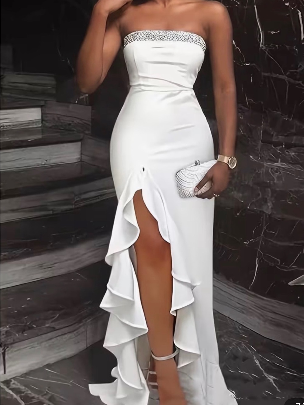 Strapless White Ruffle High-Slit Evening Dress